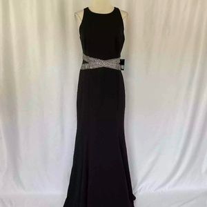 MARINA Dress Black Crepe Beaded Waist Long Evening Gown